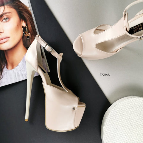 Cream Nude T-Strap High Heels – Tajna Club