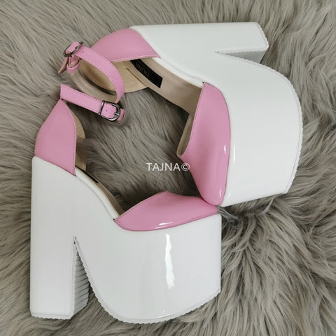 Pink White Patent High Heel Wedges 