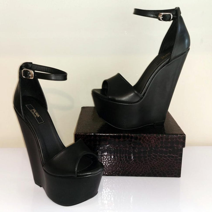 Black Peep Toe Ankle Strap Wedge Tajna Club