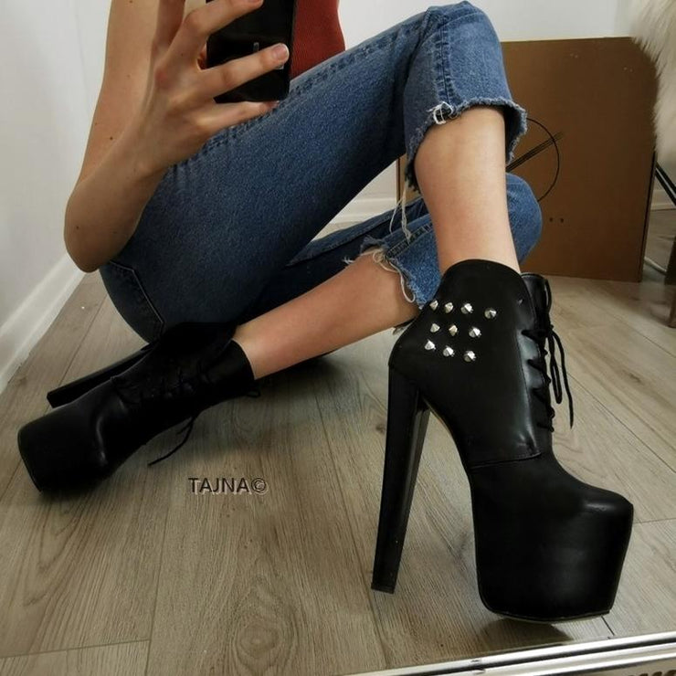 Pinned Black Lace Up Platform Ankle Booties | Tajna Club