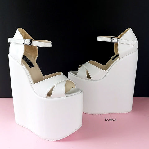 white cross strap heels