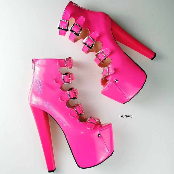 Neon Pink Patent Multi Belted High Heels | Tajna Club