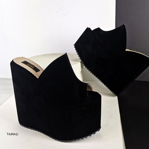 black leather wedge mules