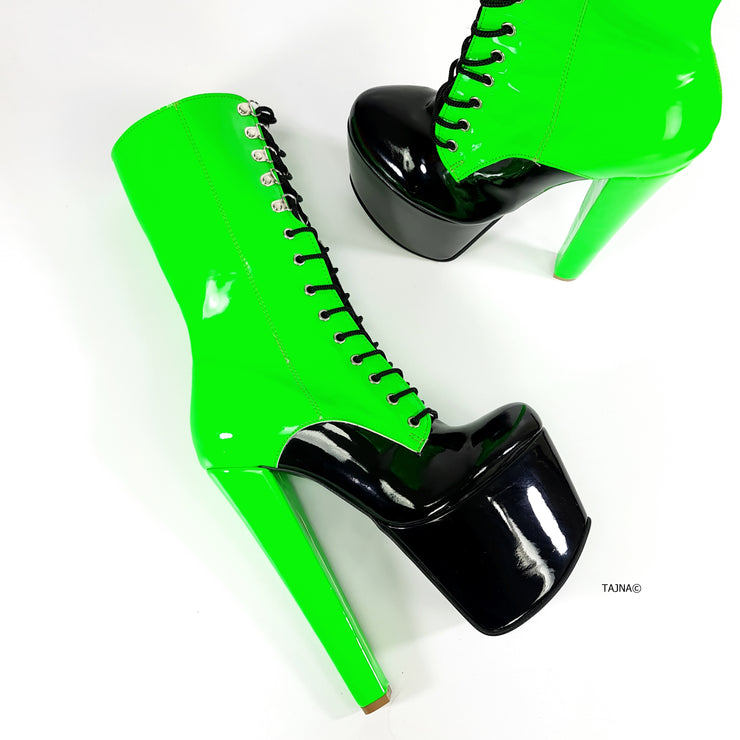 Neon Green Black Double Coloured Lace Up Boots | Tajna Club
