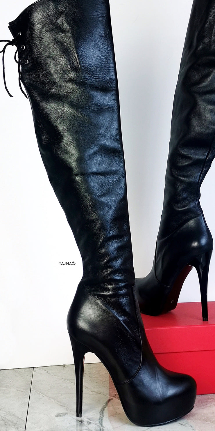 Black Genuine Leather Over The Knee Boots | Tajna Club