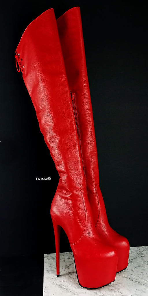 red leather knee high boots