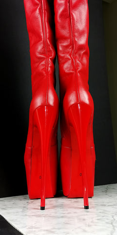 Red Genuine Leather Over The Knee Boots 