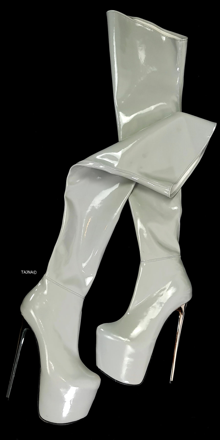 Gray Thigh High Gloss Metallic Heel Boots | Tajna Club