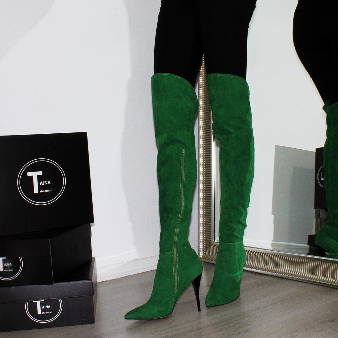 Over Knee Green Suede Pointed Nose Boots | Tajna Club