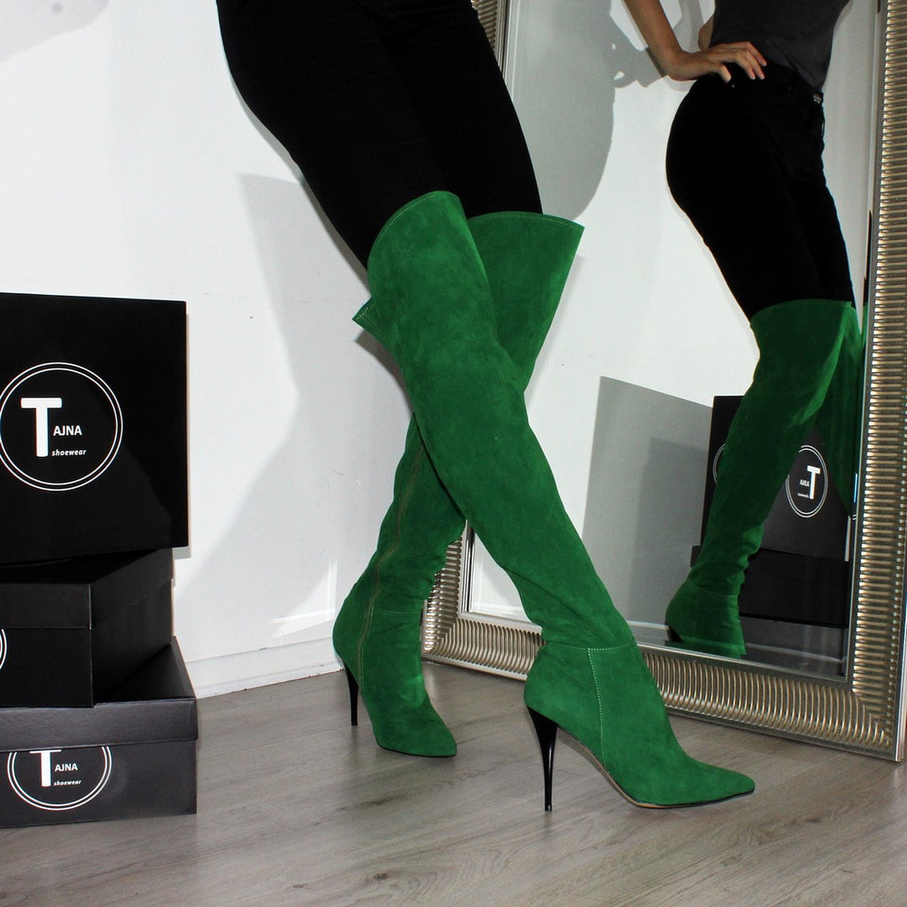 green knee high boots