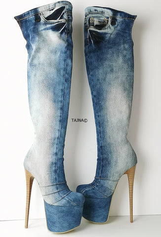 denim boots knee high