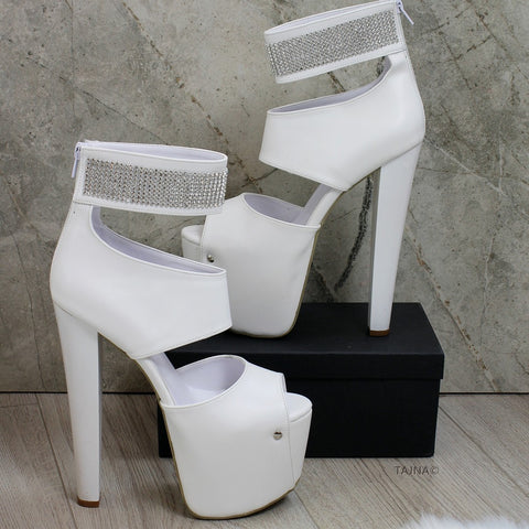 Gemstone White Ankle Platform Heels – Tajna Club