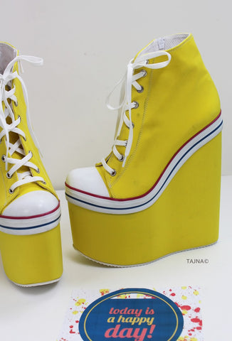 yellow lace up wedges