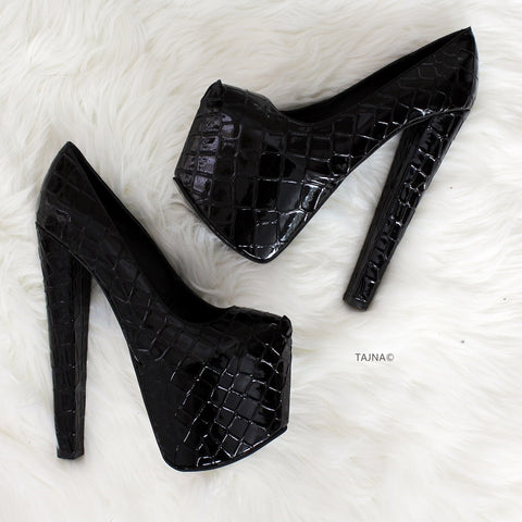 Black Croco Platform Thick Heels 