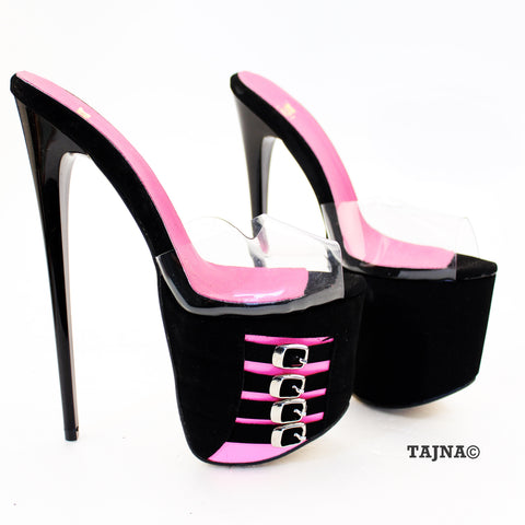 pink high heel mules