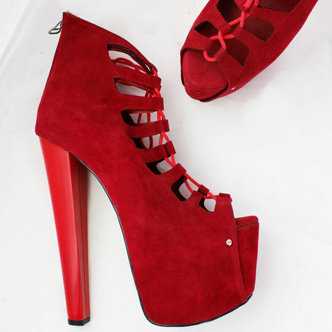 red suede lace up heels