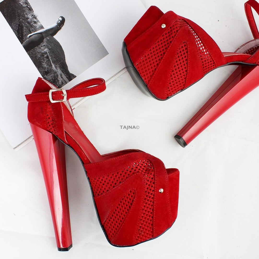 Red Suede Mesh Peep Toe Platform Heels | Tajna Club