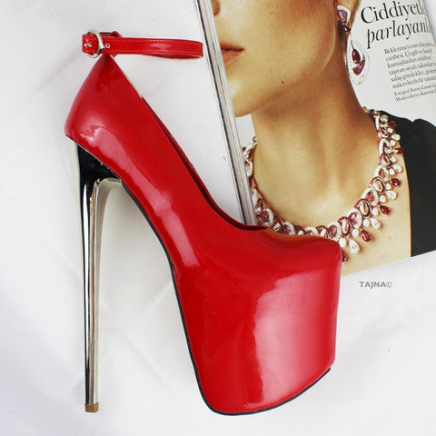 red metallic heels