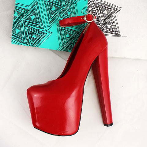 red platform pumps with ankle strap