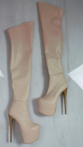 Cream Nude Knee High Platform Boots 