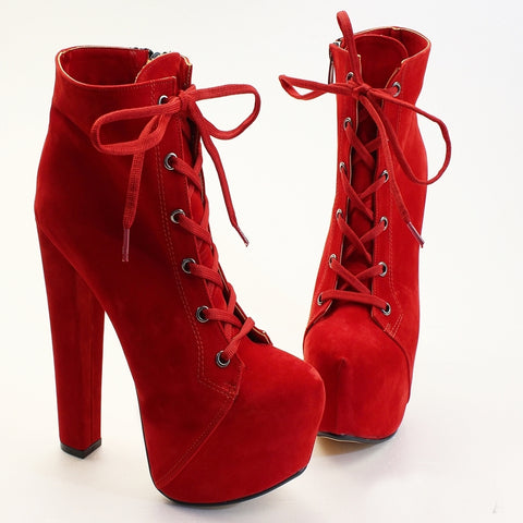 red suede lace up heels