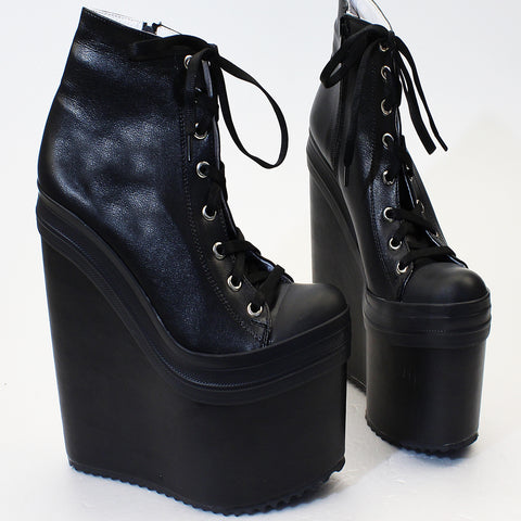 lace up black wedge booties