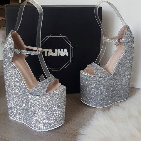 silver glitter platforms