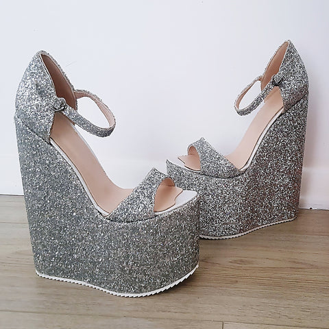 silver glitter wedge shoes