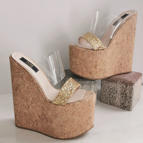 Transparent Strap Cork Wedge Mules 