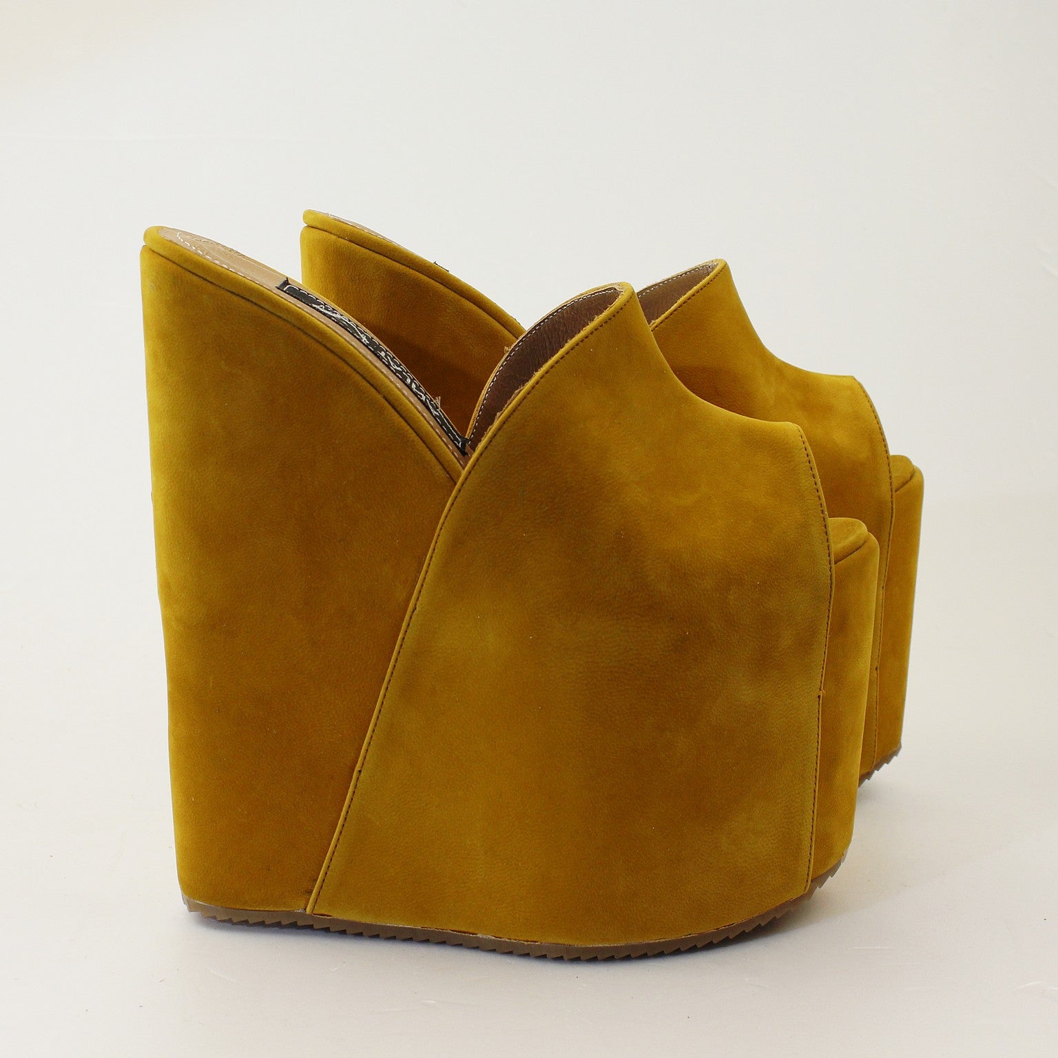 Dark Yellow Faux Suede Peep Toe High Heel Wedge Mules Tajna Club 9980