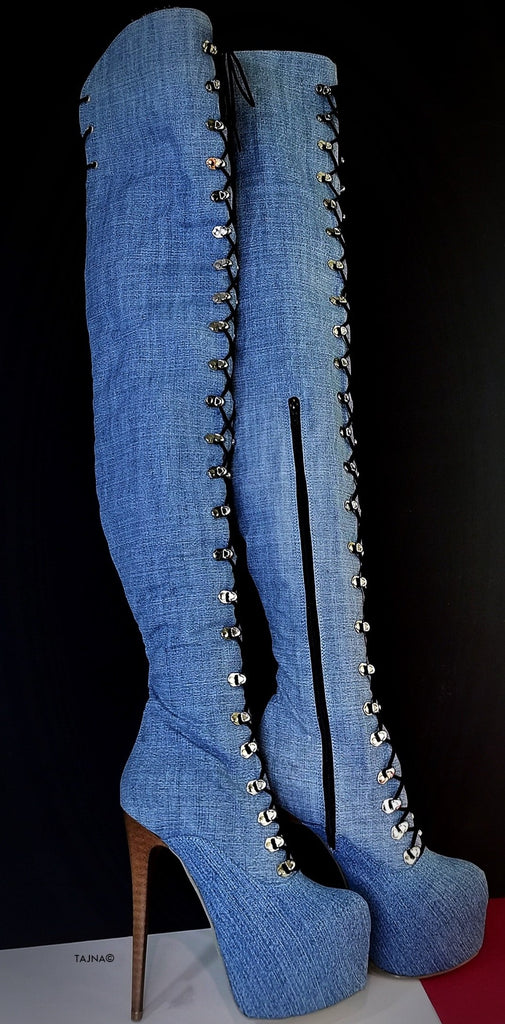 jean knee high boots