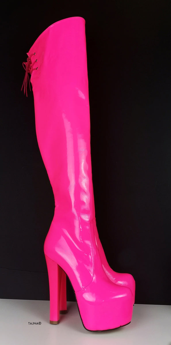Neon Pink Over Knee Heel Boots | Tajna Club