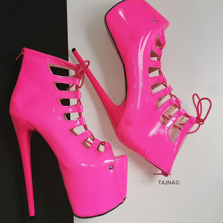 Neon Pink Lace Up Ankle Platforms | Tajna Club