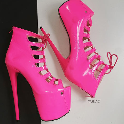 Neon Pink Lace Up Ankle Platforms 