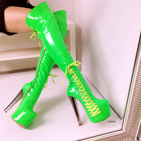 Neon Green Corset Knee High Boots 