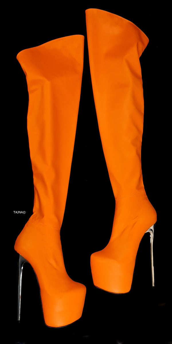 Orange Stretch Thigh High Metallic Heel Boots | Tajna Club