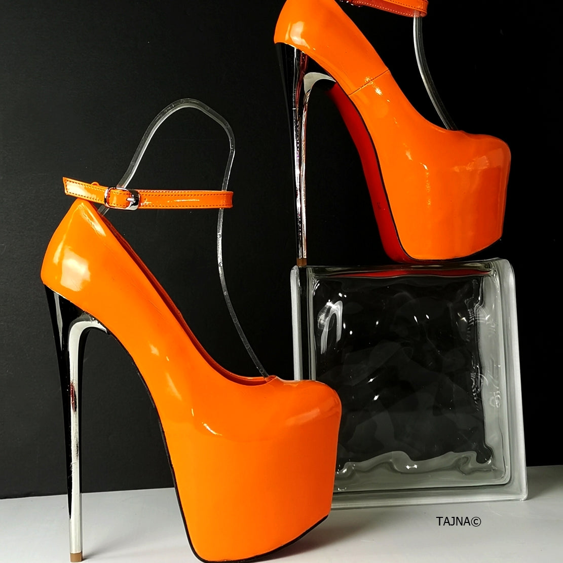 Orange Patent Ankle Strap Metalic Heels | Tajna Club