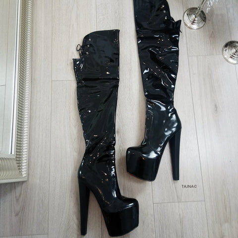 Black Patent Over Knee Platform Boots 