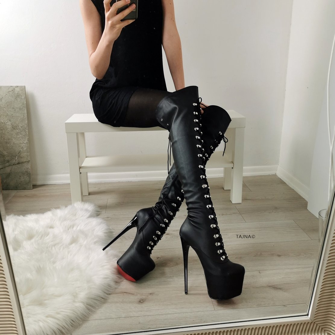 Black Matte Military Lace Up Over Knee Boots | Tajna Club