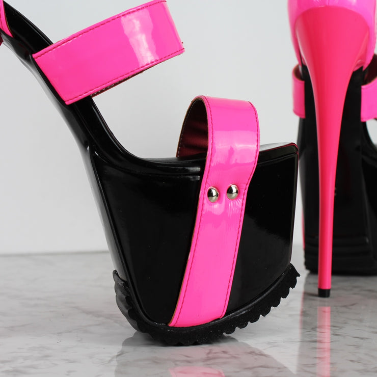 Neon Pink Black Gloss Serrated Sole Heels | Tajna Club