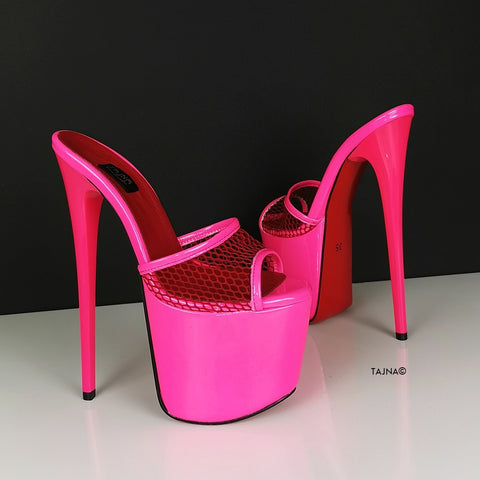 Neon Pink Fishnet High Heel Mules 