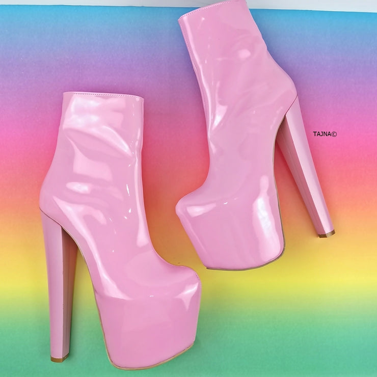 Sugar Pink Patent Chunky Heel Boots | Tajna Club