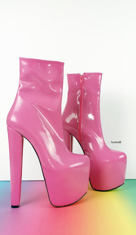 pink chunky heel boots