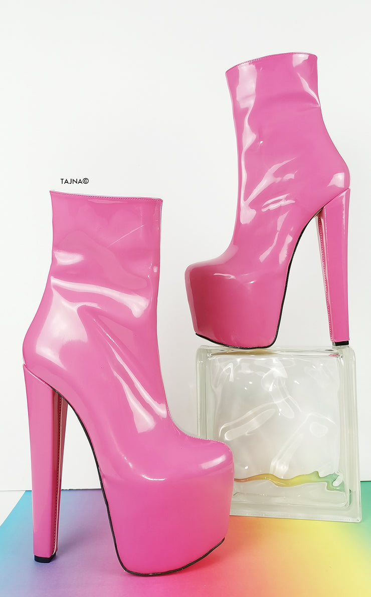 Lovely Pink Patent Chunky Heel Boots | Tajna Club