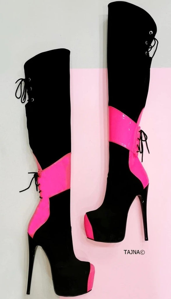 neon pink over the knee boots