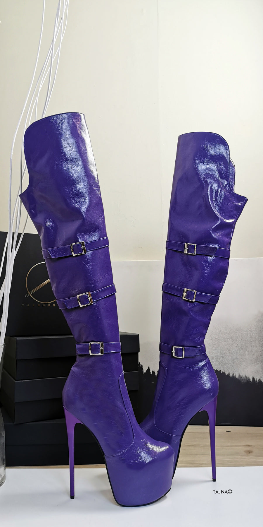 Purple Patent Belted Knee High Boots | Tajna Club