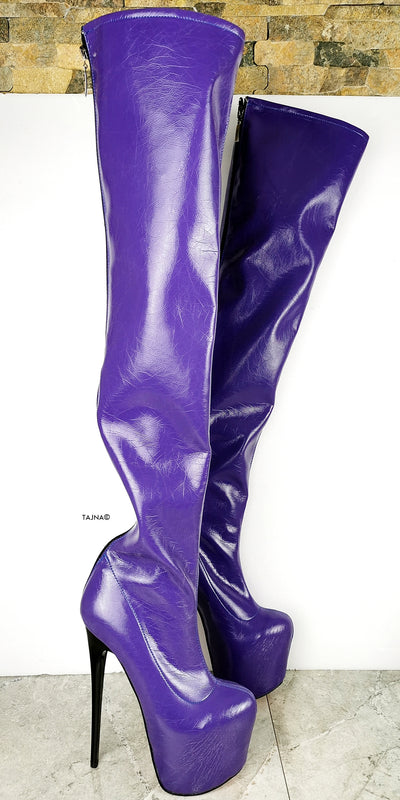 Purple Gloss Long High Heel Boots – Tajna Club