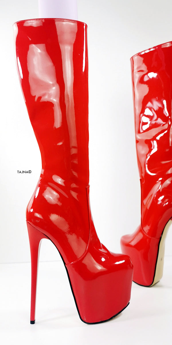 Red Gloss Mid Calf High Heel Boots | Tajna Club