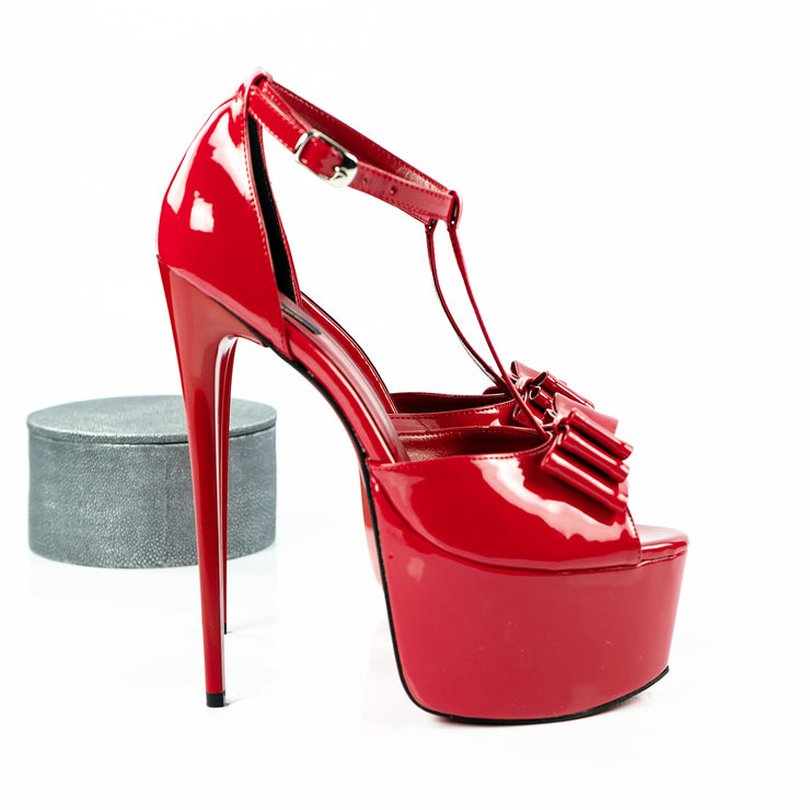 Red Gloss Ribbon High Heels | Tajna Club