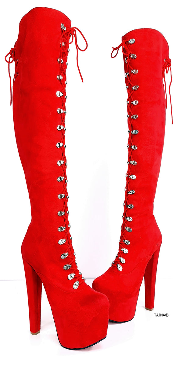 Red Suede Military Style Chunky Heel Boots | Tajna Club